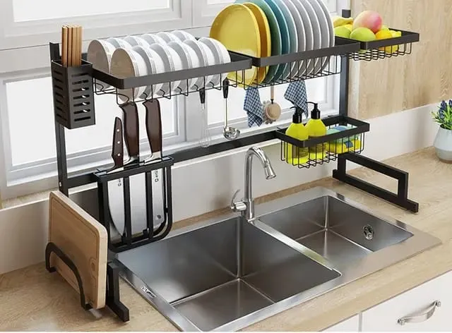 Dish Drying Rack Over Sink Kitchen Storage Shelf Countertop Space Saver Display Stand Tableware Drainer Organizer Utensils Holder- Large - Image 3