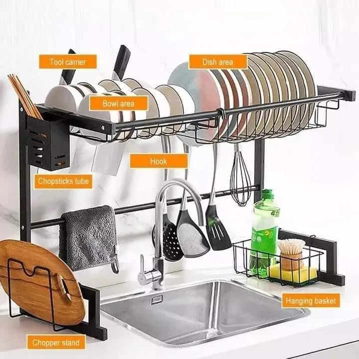 Dish Drying Rack Over Sink Kitchen Storage Shelf Countertop Space Saver Display Stand Tableware Drainer Organizer Utensils Holder- Large - Image 2