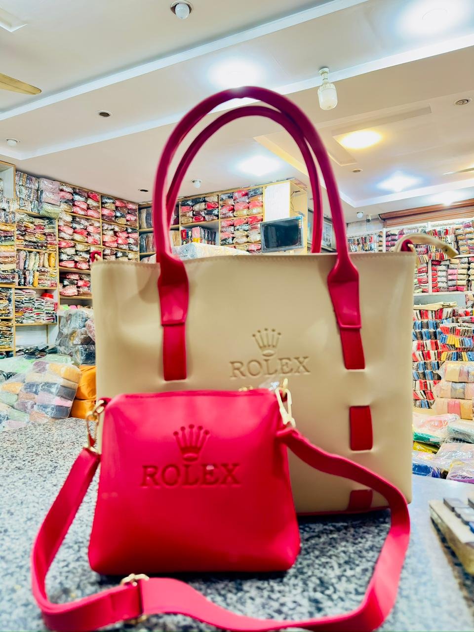 Crown Embossed 2-Piece Tote & Crossbody Bag Set – Cream & Red