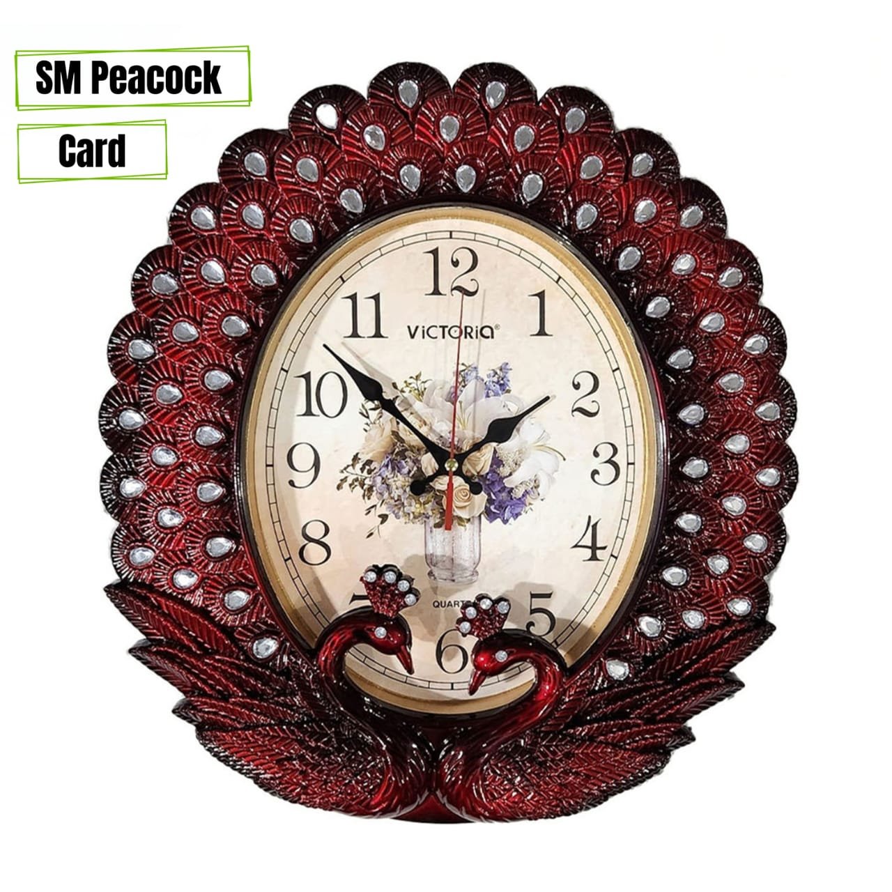 Victoria SM Peacock Quartz Wall Clock – Royal Red with Crystal Embellishments & Floral Dial