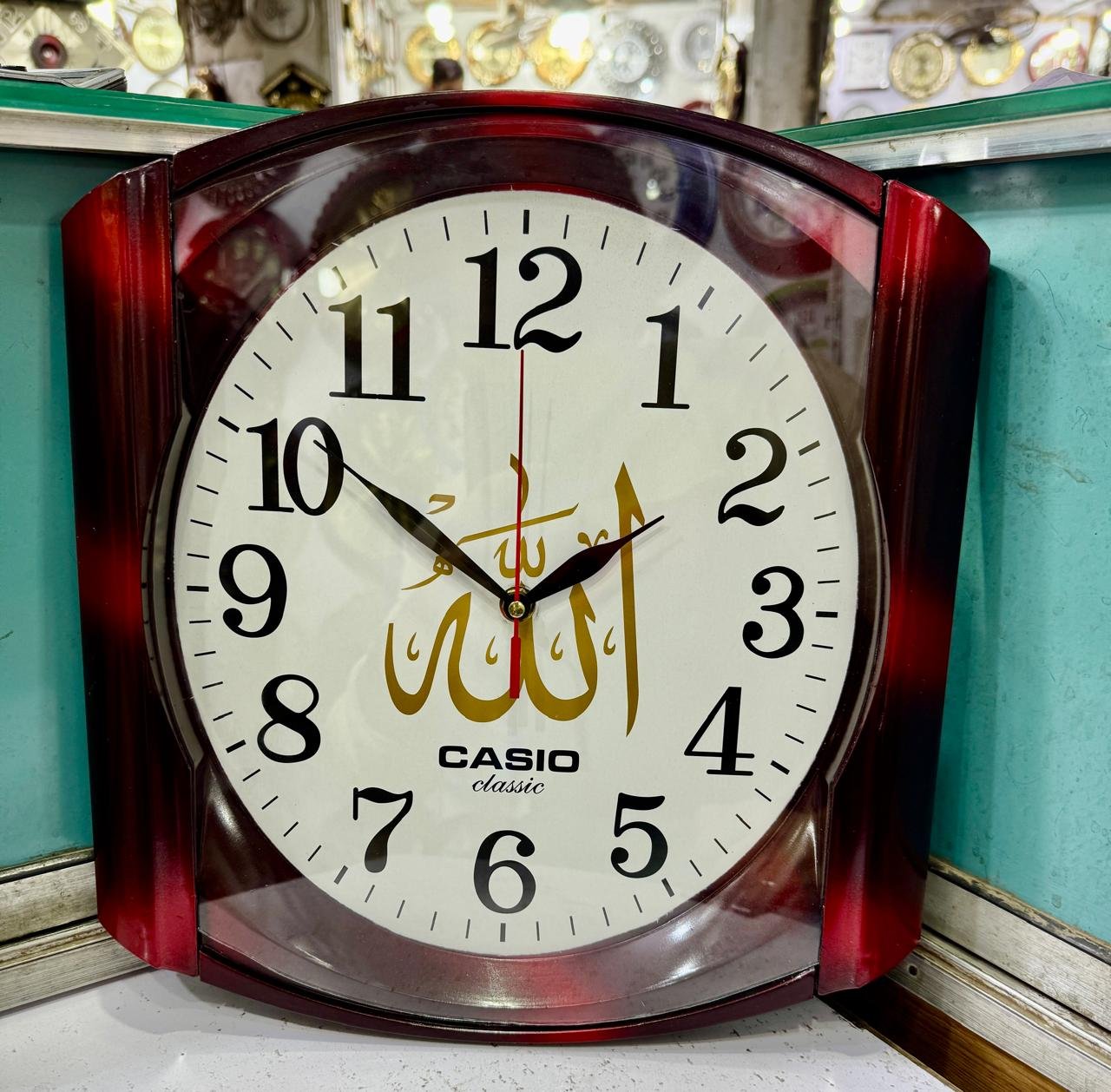 Casio Classic Islamic Wall Clock – Allah Calligraphy Gold Print | Dark Maroon Frame