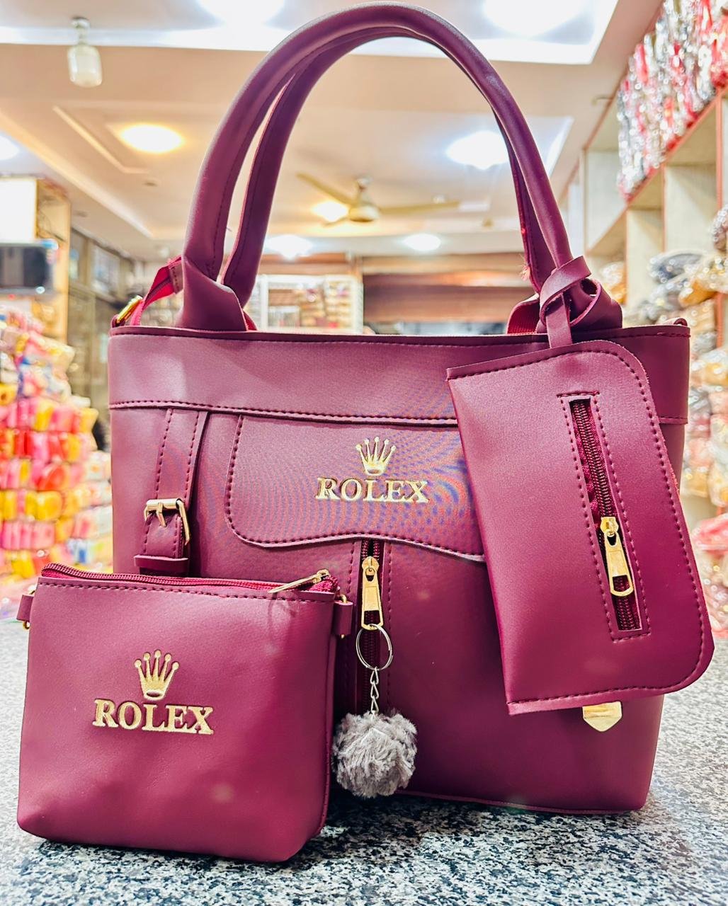 Rolex-Branded Maroon 3-Piece Handbag Set