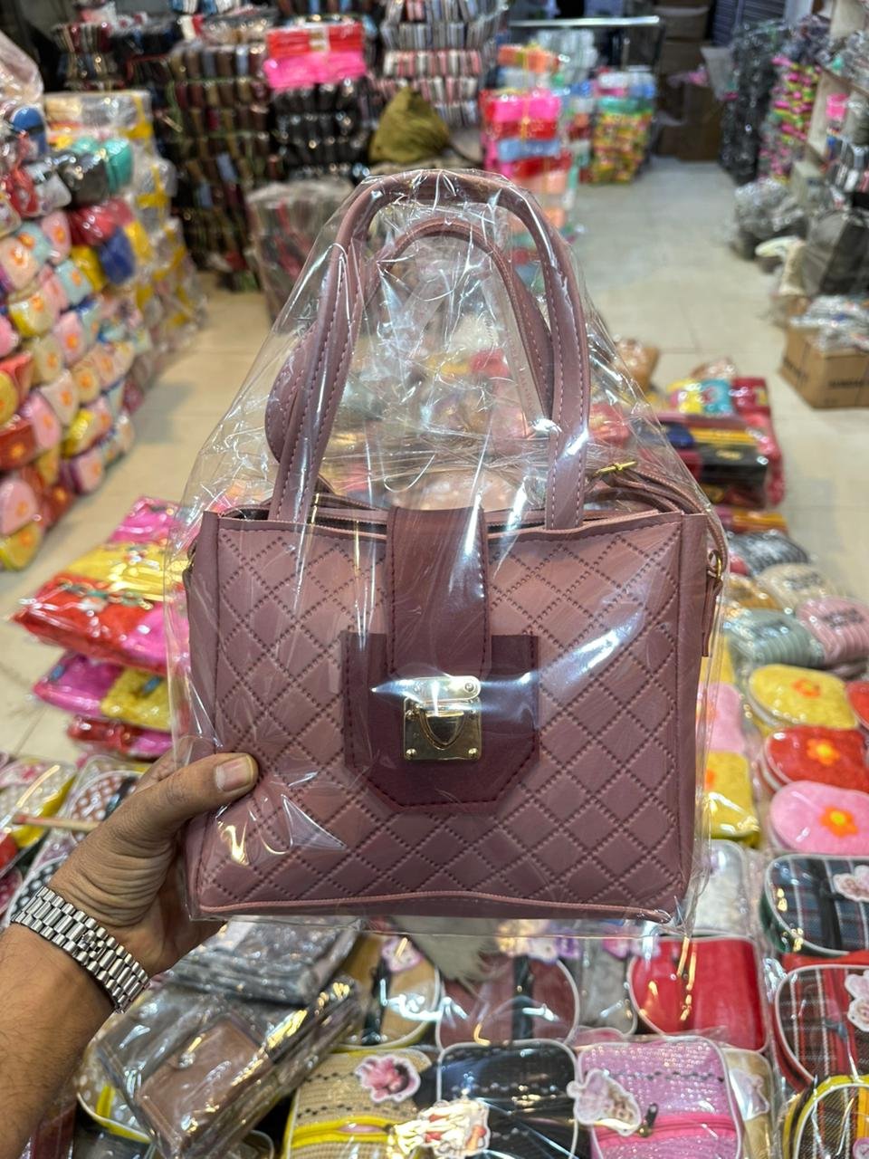 Dusty Rose Quilted Structured Handbag – Gold Lock Clasp & Dual Top Handles