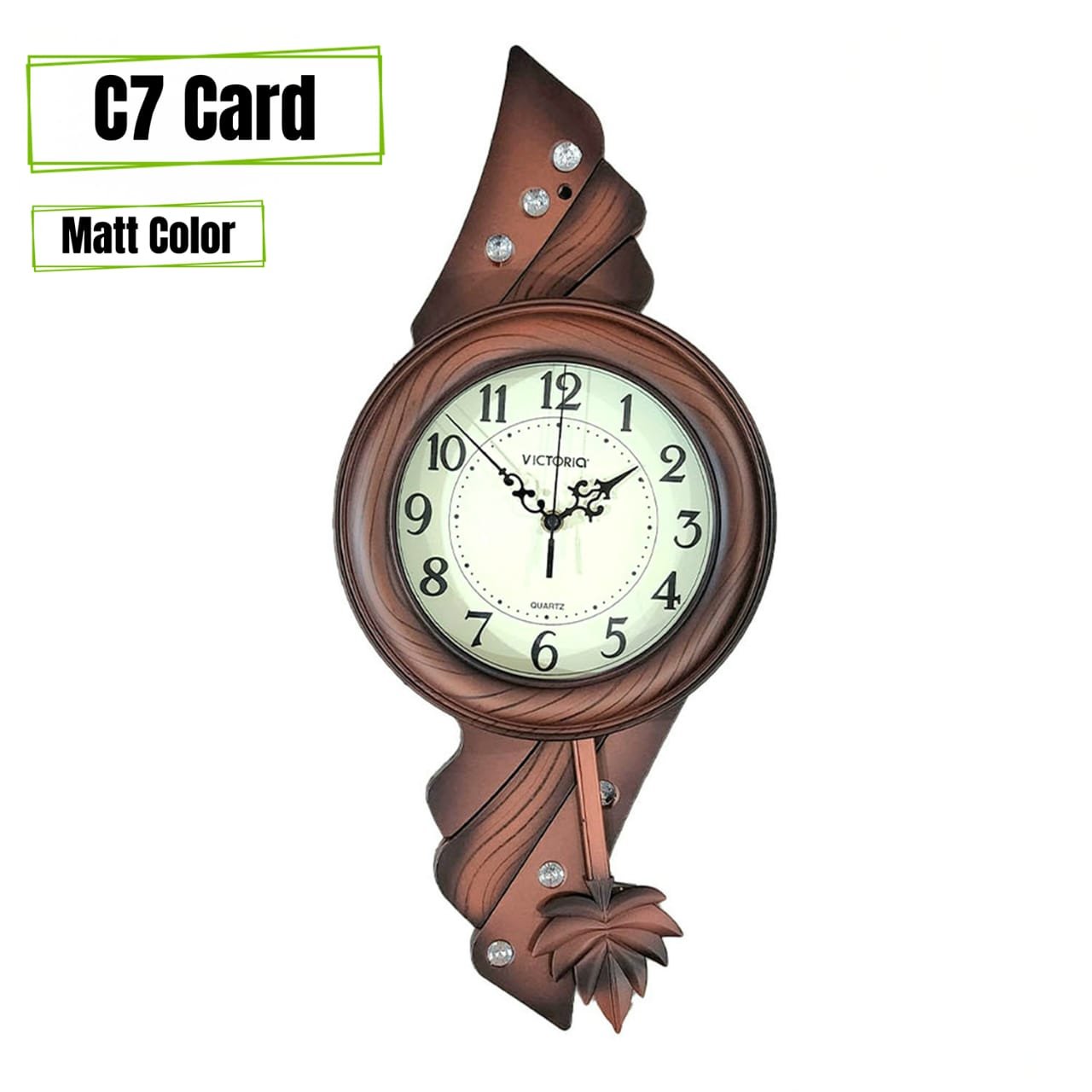Victoria C7 Card Decorative Pendulum Wall Clock – Matt Brown Wood Finish & Crystal Accents