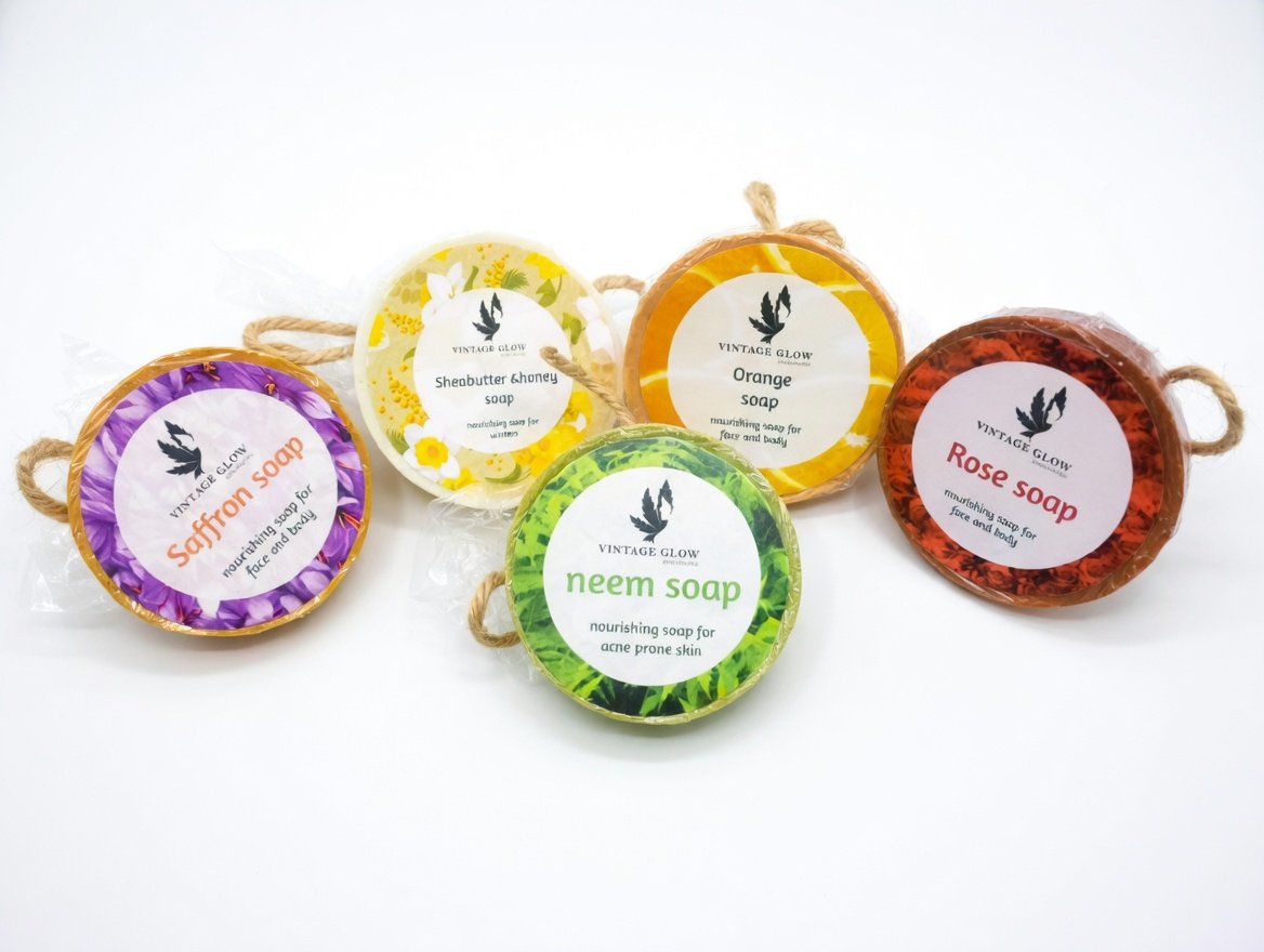 Vintage Glow Natural Handmade Soap Set - Saffron, Neem, Orange, Sheabutter & Honey, Rose | Nourishing Soap for Face & Body | 100% Natural