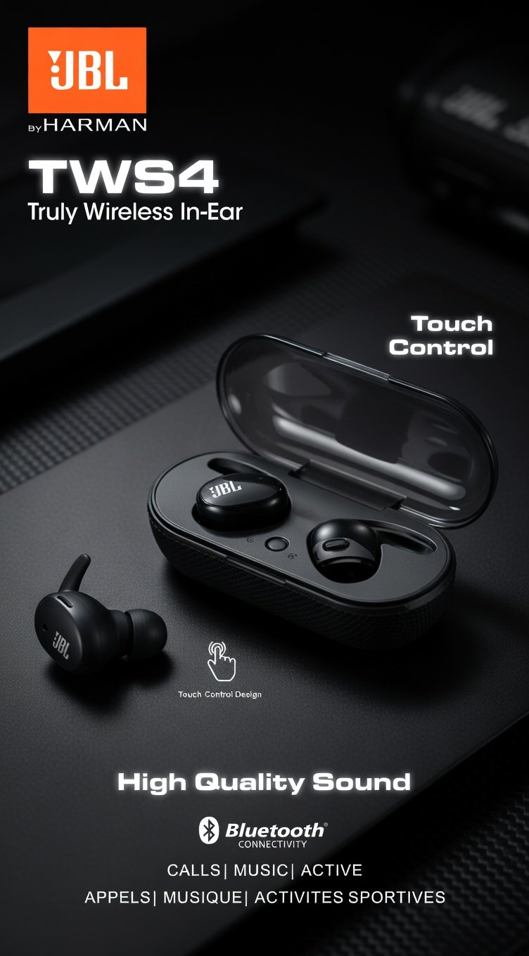 JBL TWS4 Truly Wireless Earbuds by Harman - Bluetooth 5.0 TWS In-Ear Headphones with Touch Control | Calls, Music & Sports | Black