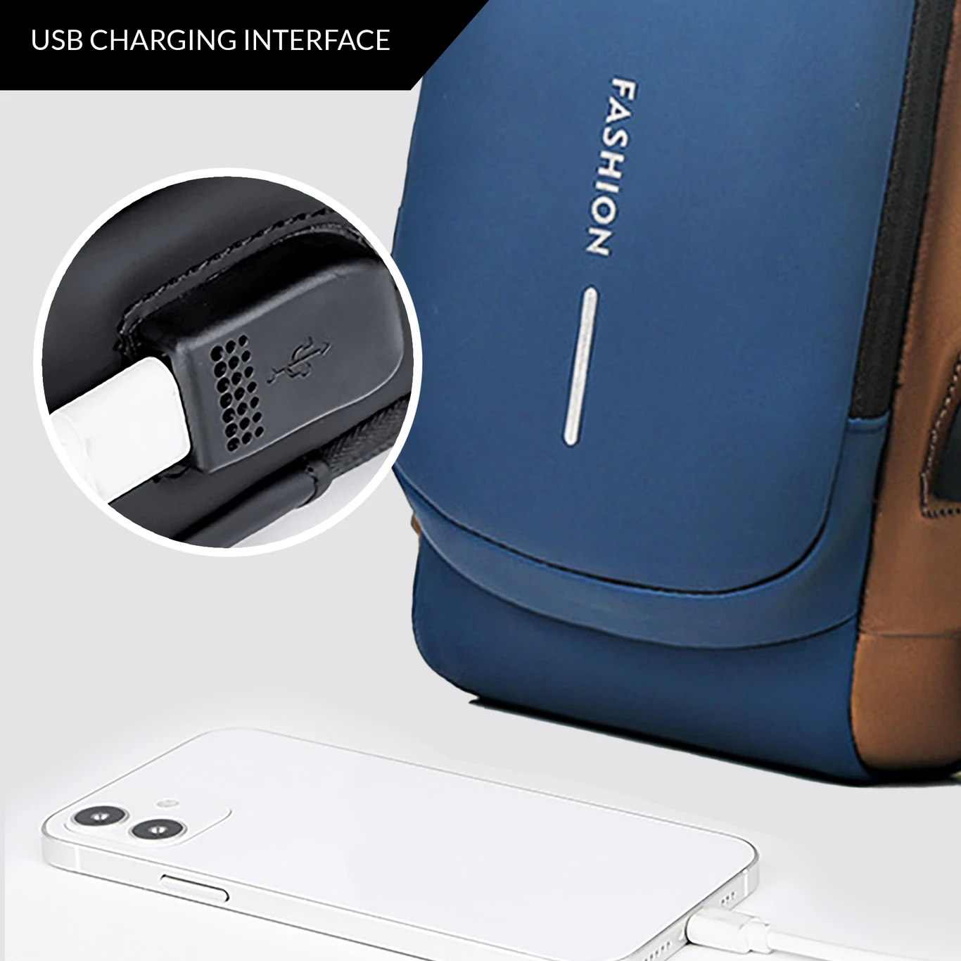 Fashion Anti-Theft Sling Bag with Combination Lock & USB Charging Port - Blue Brown Crossbody Chest Bag for Men Women | Waterproof Travel Shoulder Bag - Image 2