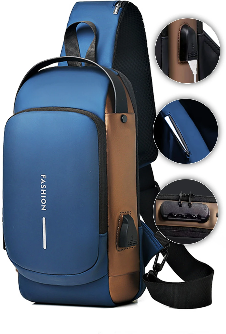 Fashion Anti-Theft Sling Bag with Combination Lock & USB Charging Port - Blue Brown Crossbody Chest Bag for Men Women | Waterproof Travel Shoulder Bag - Image 4