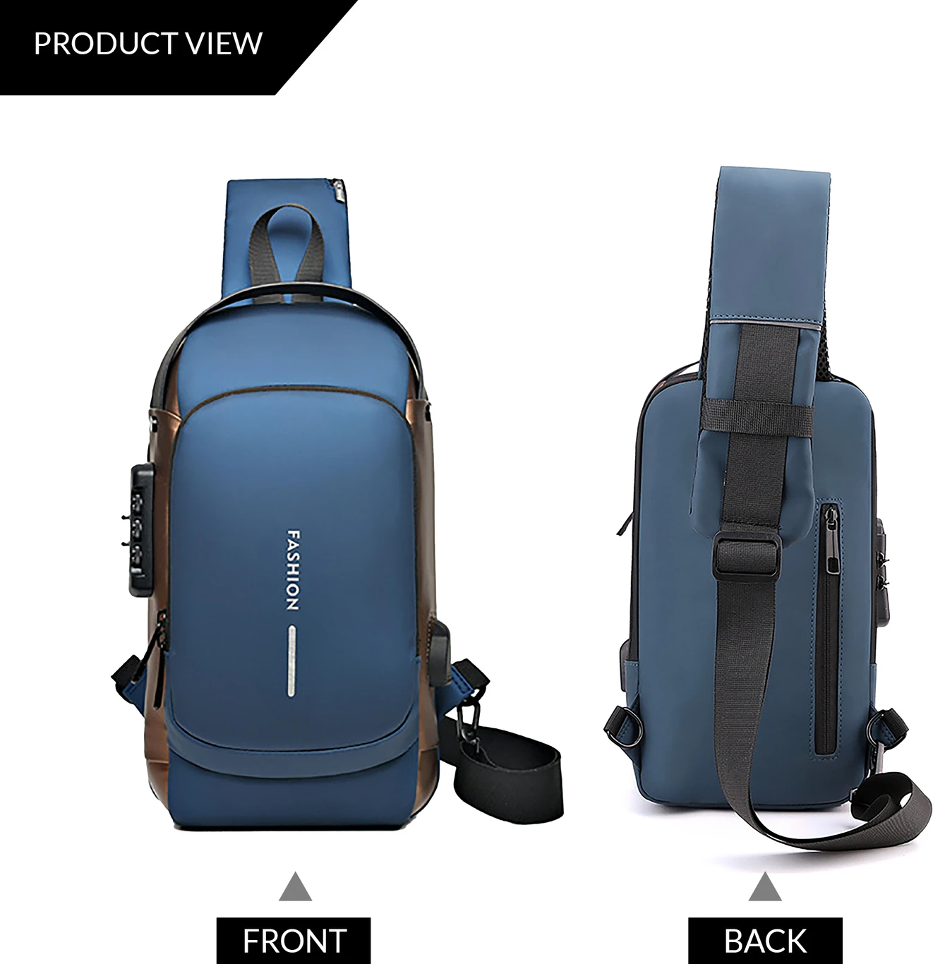Fashion Anti-Theft Sling Bag with Combination Lock & USB Charging Port - Blue Brown Crossbody Chest Bag for Men Women | Waterproof Travel Shoulder Bag - Image 5