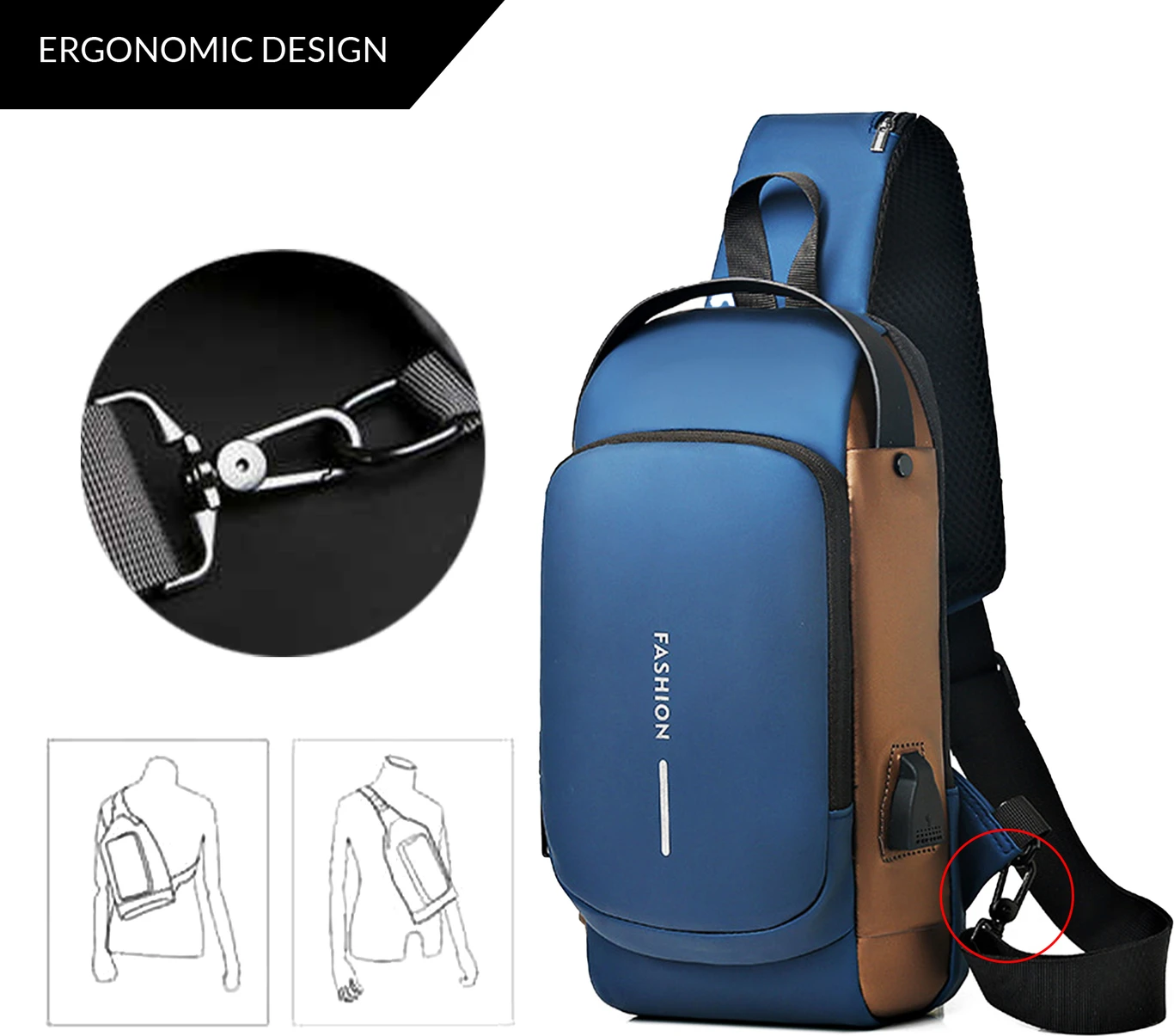 Fashion Anti-Theft Sling Bag with Combination Lock & USB Charging Port - Blue Brown Crossbody Chest Bag for Men Women | Waterproof Travel Shoulder Bag - Image 6