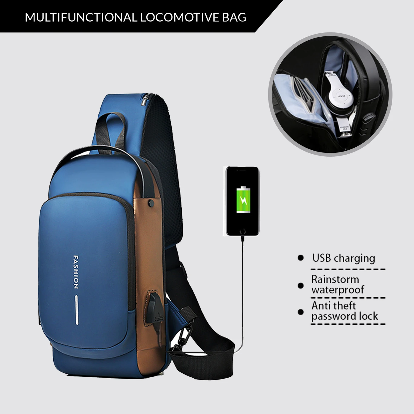Fashion Anti-Theft Sling Bag with Combination Lock & USB Charging Port - Blue Brown Crossbody Chest Bag for Men Women | Waterproof Travel Shoulder Bag - Image 9