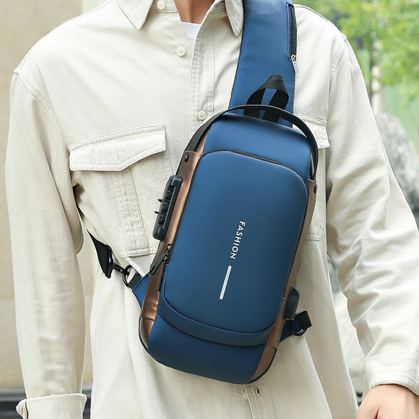 Fashion Anti-Theft Sling Bag with Combination Lock & USB Charging Port - Blue Brown Crossbody Chest Bag for Men Women | Waterproof Travel Shoulder Bag