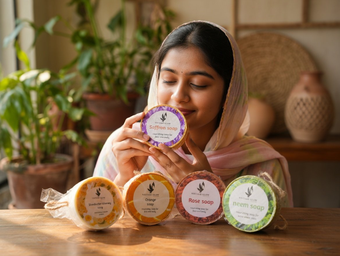 Vintage Glow Natural Handmade Soap Set - Saffron, Neem, Orange, Sheabutter & Honey, Rose | Nourishing Soap for Face & Body | 100% Natural - Image 3
