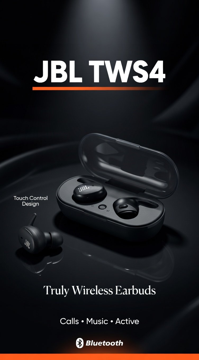 JBL TWS4 Truly Wireless Earbuds by Harman - Bluetooth 5.0 TWS In-Ear Headphones with Touch Control | Calls, Music & Sports | Black - Image 2