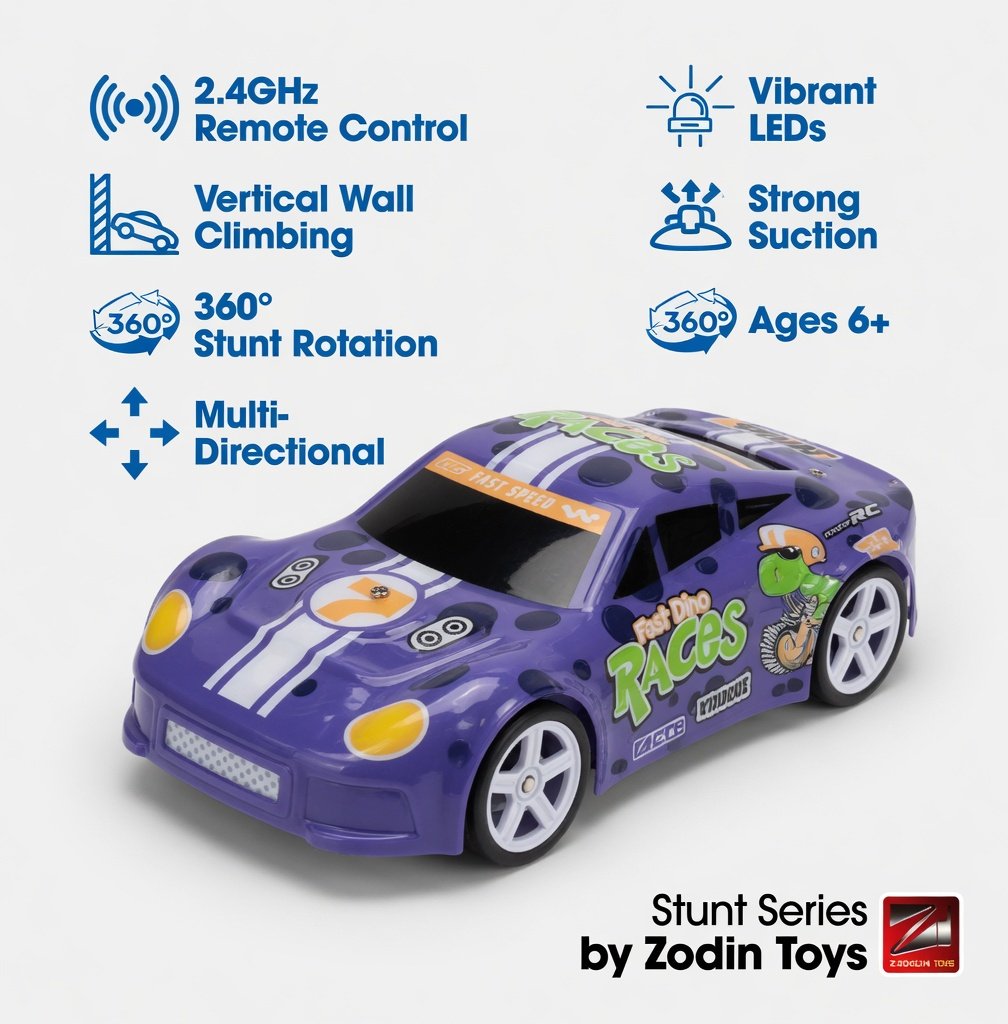 Lee's Go! Stunt Series 2.4G RC Climbing Car - Wall Climbing Remote Control Stunt Racing Car with Suction, LED Lights, 360° Rotation, Vertical Travel - Purple for Kids 6+ - Image 10