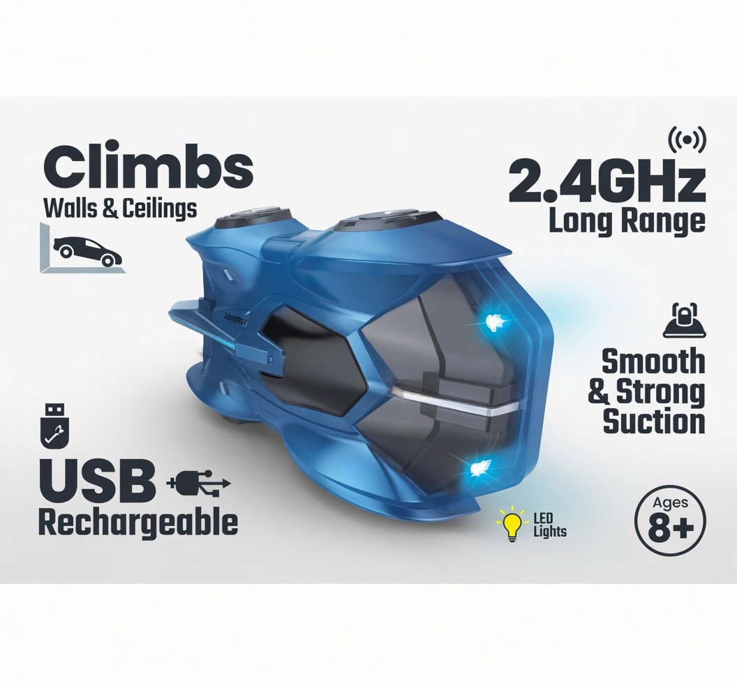 The Climbing RC Wall Car Series - 2.4G Remote Control Wall Climbing Car with LED Lights, USB Quick Charging, Climbs Walls, Ceilings & Smooth Surfaces - Blue Adscorpion Toy for Kids 8+ - Image 10