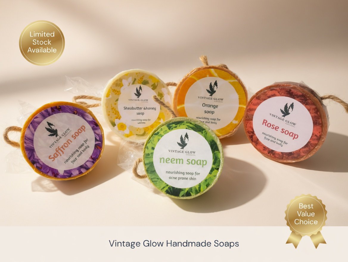 Vintage Glow Natural Handmade Soap Set - Saffron, Neem, Orange, Sheabutter & Honey, Rose | Nourishing Soap for Face & Body | 100% Natural - Image 2