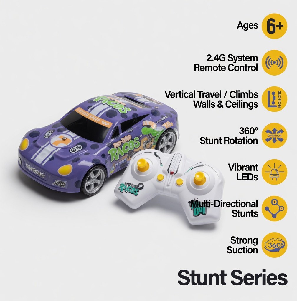 Lee's Go! Stunt Series 2.4G RC Climbing Car - Wall Climbing Remote Control Stunt Racing Car with Suction, LED Lights, 360° Rotation, Vertical Travel - Purple for Kids 6+ - Image 7