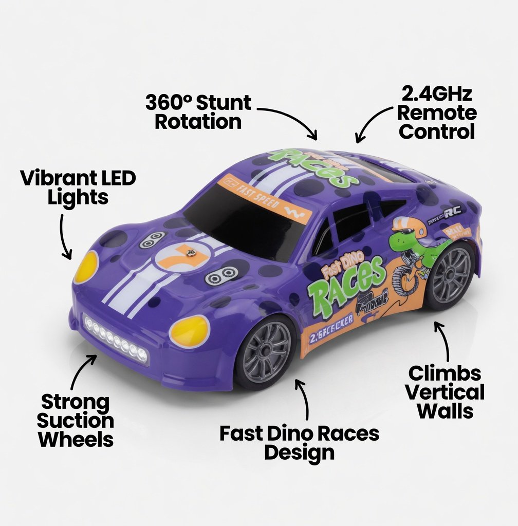 Lee's Go! Stunt Series 2.4G RC Climbing Car - Wall Climbing Remote Control Stunt Racing Car with Suction, LED Lights, 360° Rotation, Vertical Travel - Purple for Kids 6+ - Image 12