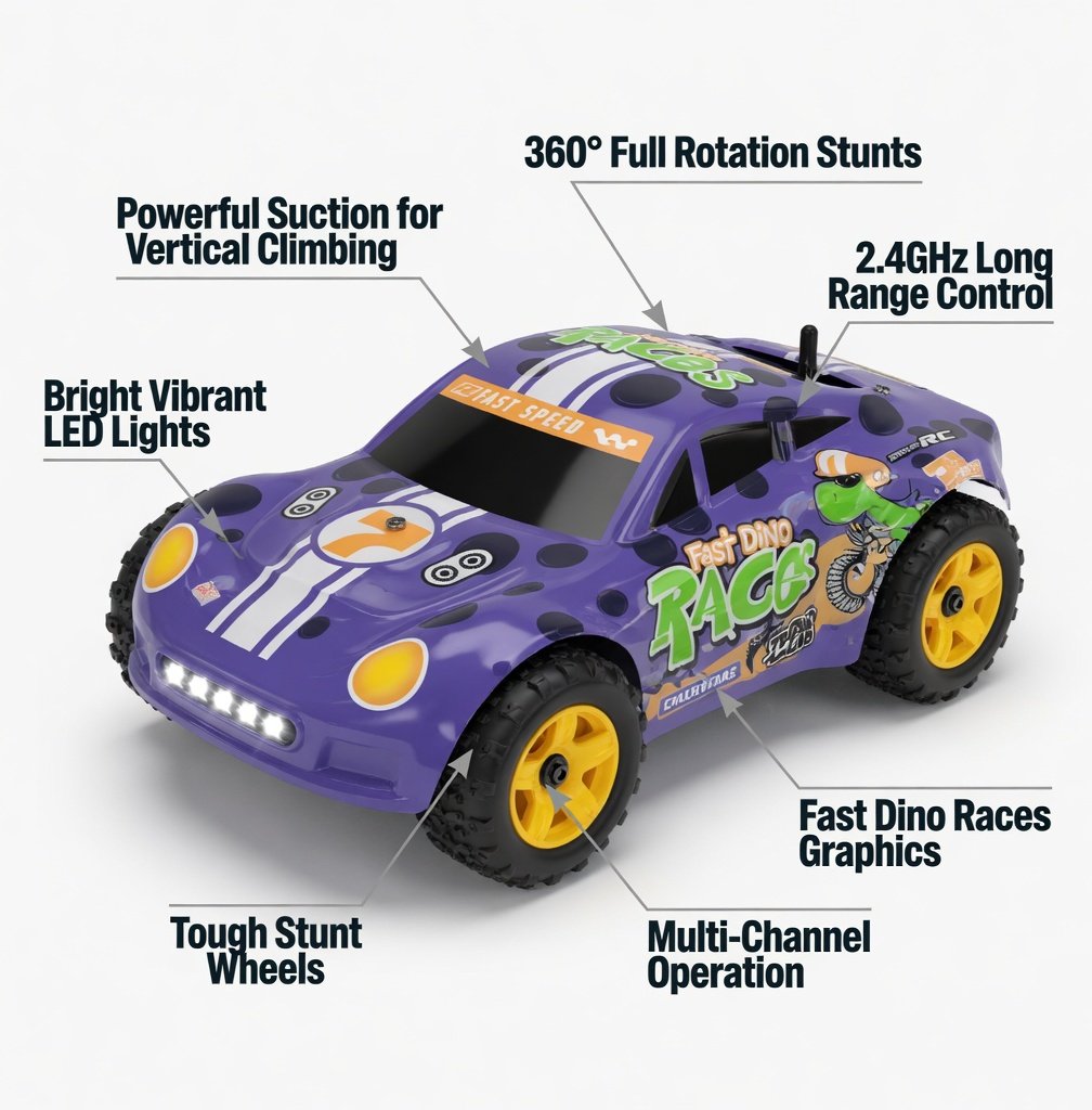 Lee's Go! Stunt Series 2.4G RC Climbing Car - Wall Climbing Remote Control Stunt Racing Car with Suction, LED Lights, 360° Rotation, Vertical Travel - Purple for Kids 6+ - Image 8