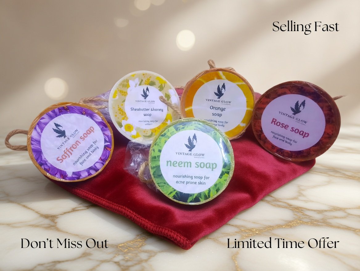 Vintage Glow Natural Handmade Soap Set - Saffron, Neem, Orange, Sheabutter & Honey, Rose | Nourishing Soap for Face & Body | 100% Natural - Image 4