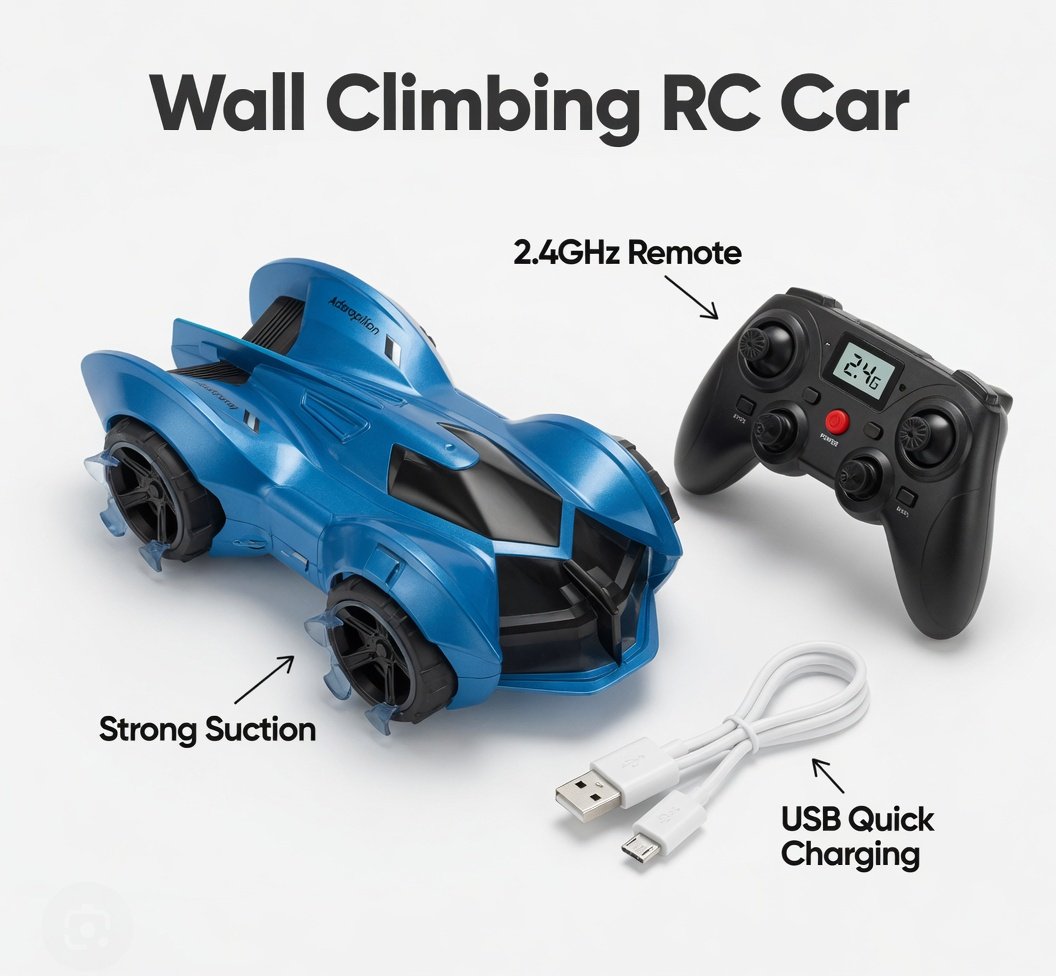 The Climbing RC Wall Car Series - 2.4G Remote Control Wall Climbing Car with LED Lights, USB Quick Charging, Climbs Walls, Ceilings & Smooth Surfaces - Blue Adscorpion Toy for Kids 8+ - Image 9