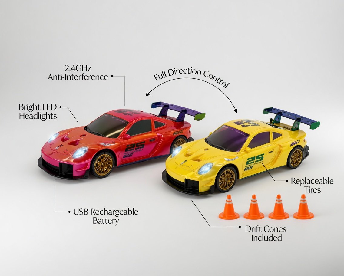 RC Drift Racing Car 2.4GHz - Rechargeable Remote Control Drift Car with Lights, Extra Tires & Cones | High Speed Sports Racing Toy for Kids - Image 7