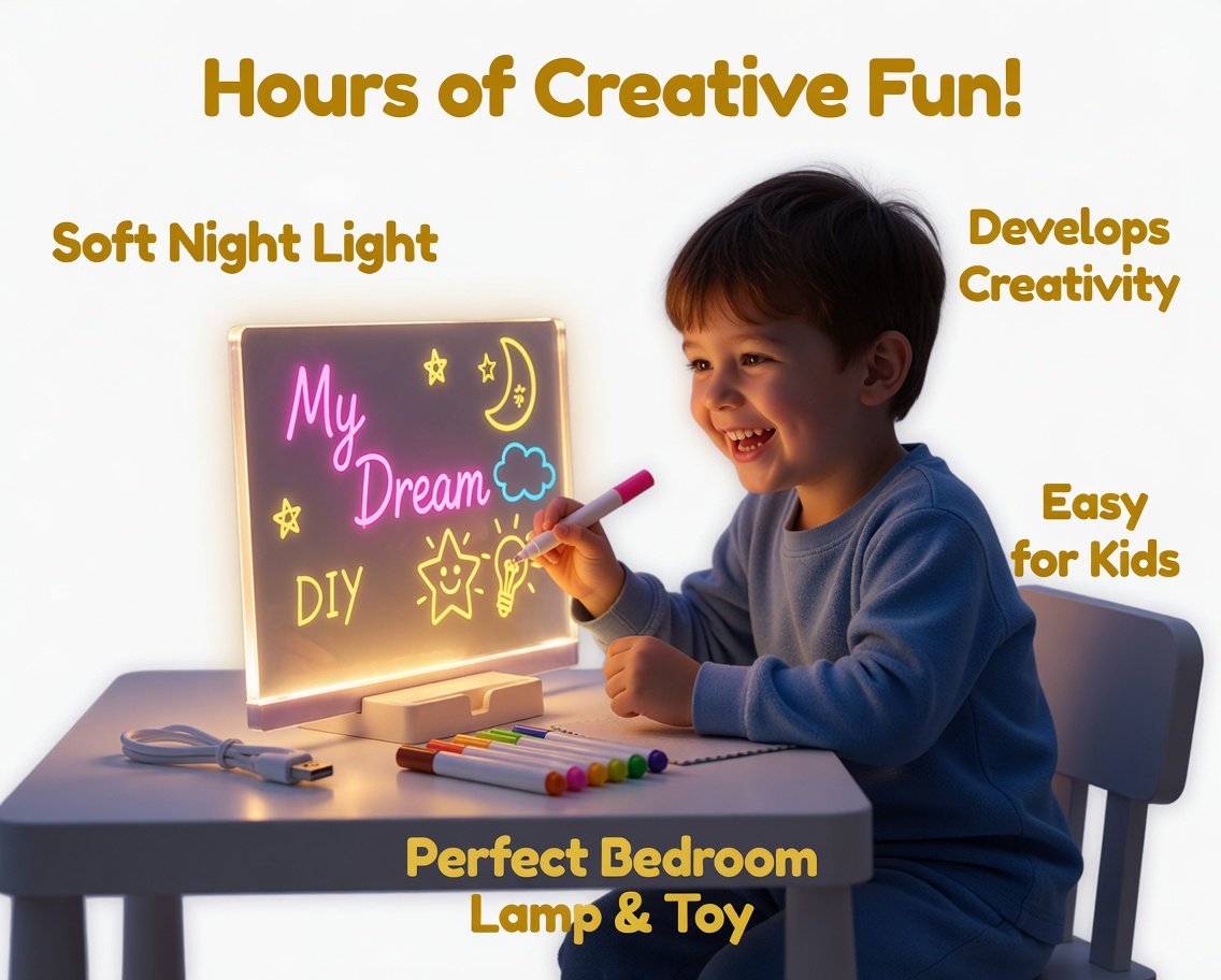 8x8 Inch DIY - Personalized LED Drawing Board with 8 Markers | Night Light Message Board for Gifts, Room Decor & Kids