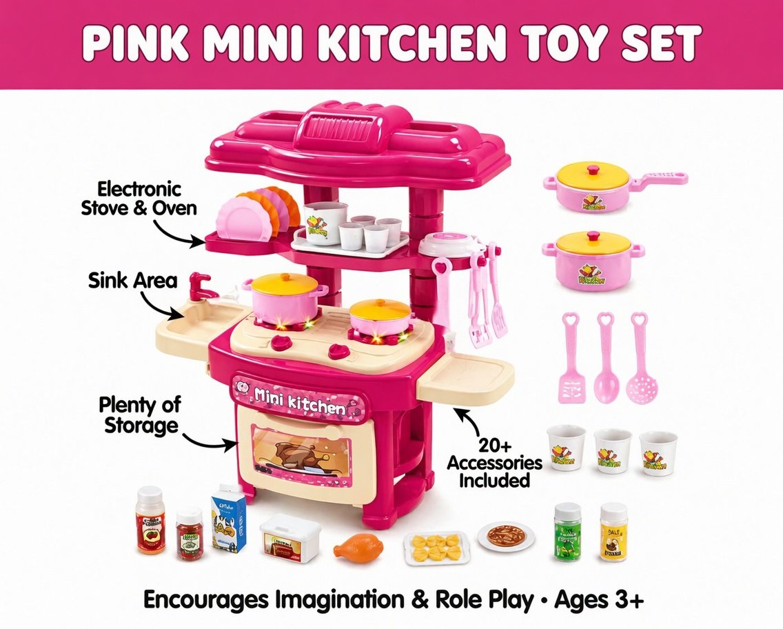 45 PCS Mini Kitchen Set for Girls - Electric Pink Toy Kitchen with Lights, Sounds & Realistic Accessories | Cooking Role Play Set for Kids 3+ - Image 3