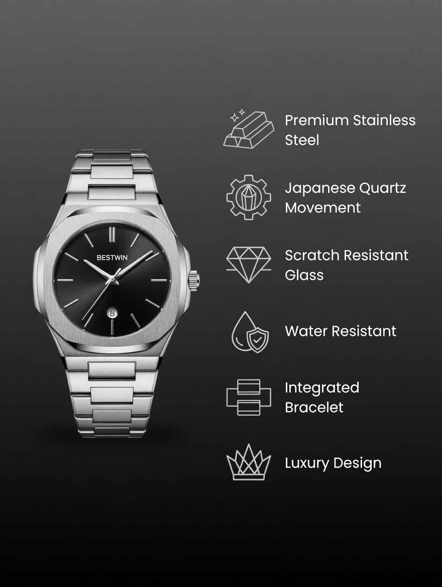 Men’s Stainless Steel Analog Watch – Luxury Style Black Dial Quartz Wrist Watch, Slim Casual & Formal Metal Strap Watch for Men - Image 5