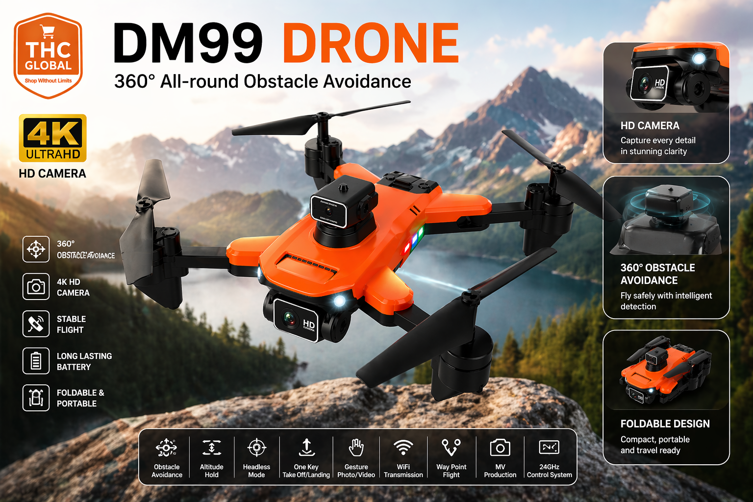 DM99 Foldable Drone 4K Camera WiFi FPV – 360° Obstacle Avoidance – Altitude Hold – Beginner RC Quadcopter