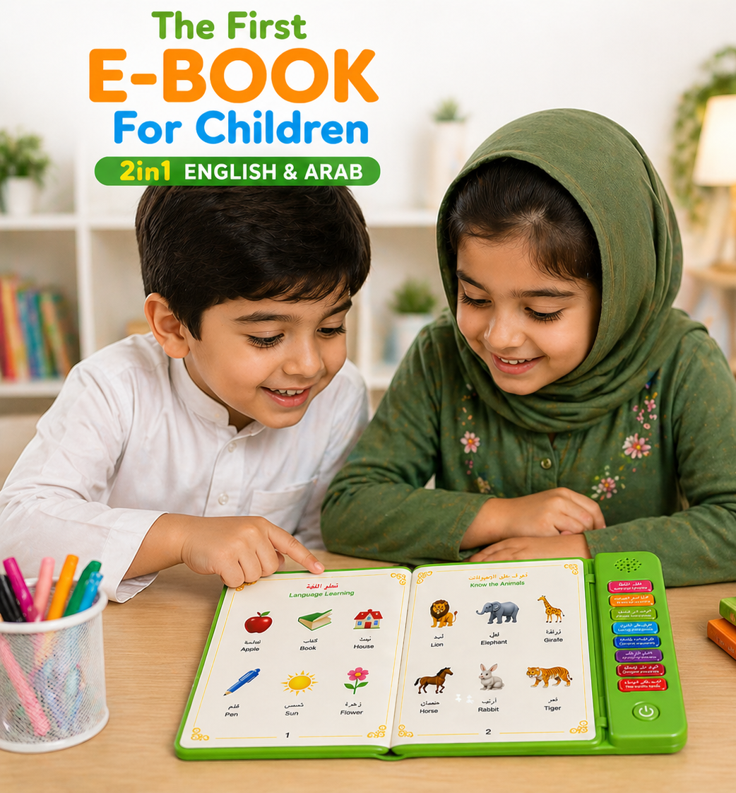 2-in-1 First E-Book for Children - English & Arabic Interactive Educational Tablet Islamic Learning, Animals, Numbers, Colors & Shapes | Kids 3+