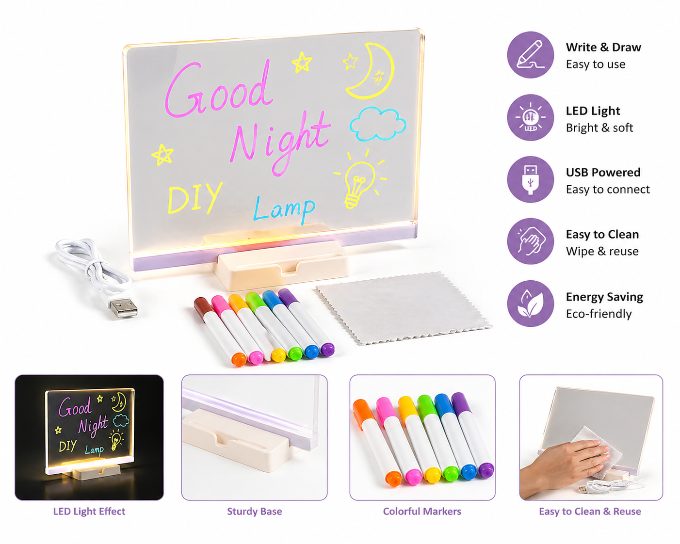 8x8 Inch DIY - Personalized LED Drawing Board with 8 Markers | Night Light Message Board for Gifts, Room Decor & Kids - Image 5
