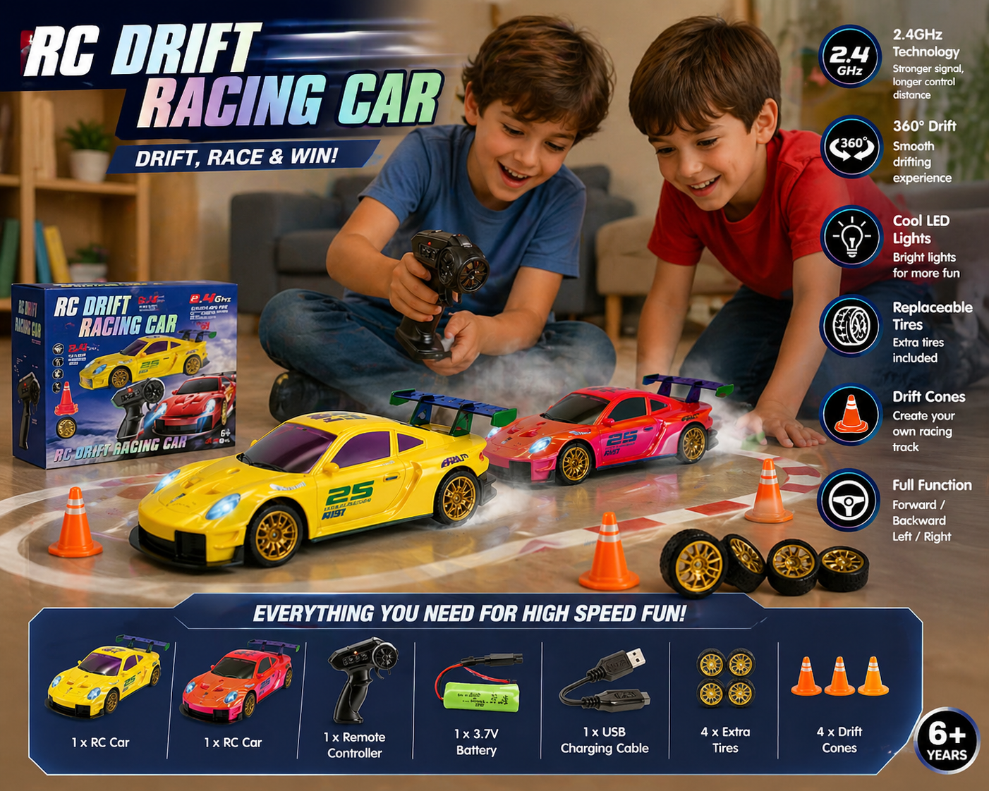 RC Drift Racing Car 2.4GHz - Rechargeable Remote Control Drift Car with Lights, Extra Tires & Cones | High Speed Sports Racing Toy for Kids - Image 2