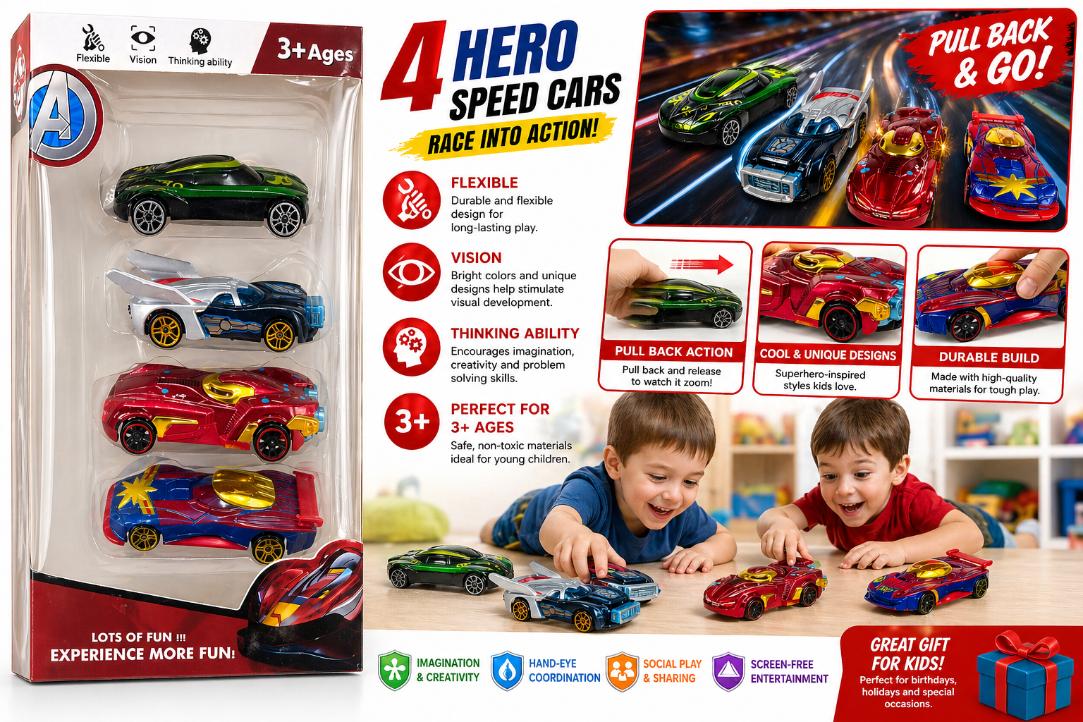 4-in-1 Mini Pull Back Cars Set - Superhero Racing Toys for Kids 3+ Years | Die-Cast Like Friction Powered Vehicles - Image 4