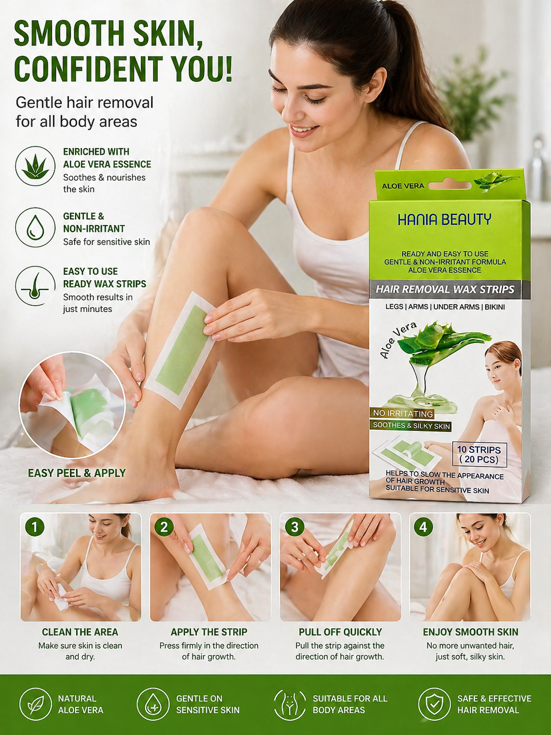 Aloe Vera Hair Removal Wax Strips for Women | Ready to Use Depilatory Wax Strips | Face, Arms, Legs & Bikini | Sensitive Skin Formula (20 Pcs) - Image 5