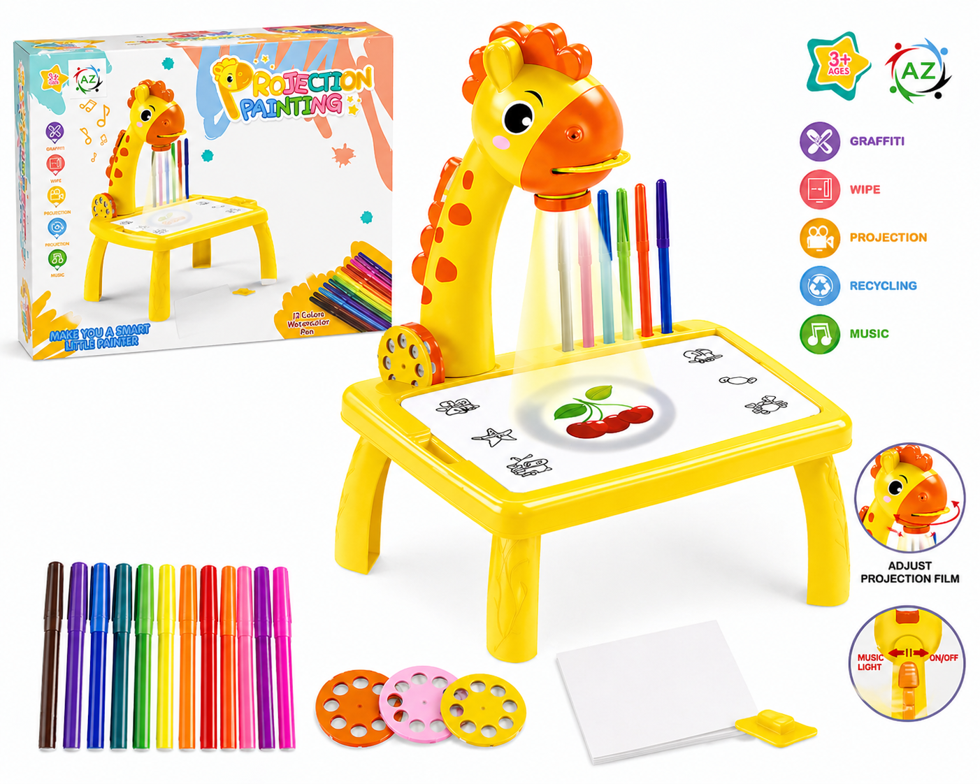 Kids Projection Painting Table Drawing Board with Light & Music | Giraffe Projector Art Desk | Educational Drawing Toy with 12 Color Pens - Image 6