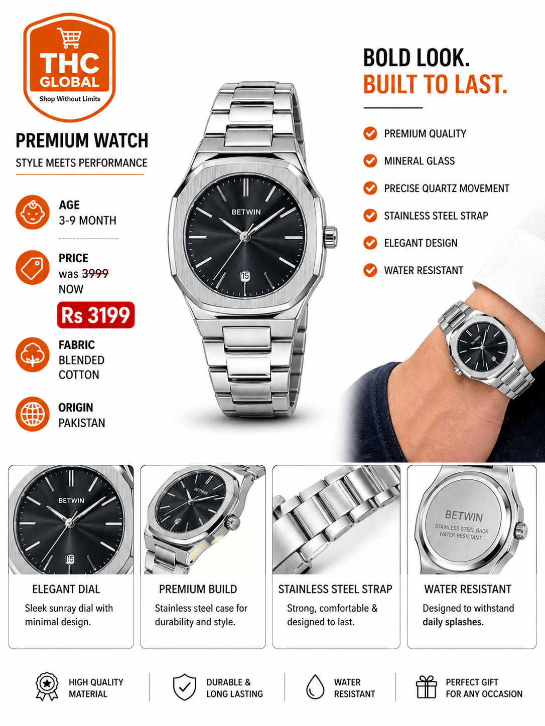 Men’s Stainless Steel Analog Watch – Luxury Style Black Dial Quartz Wrist Watch, Slim Casual & Formal Metal Strap Watch for Men - Image 3