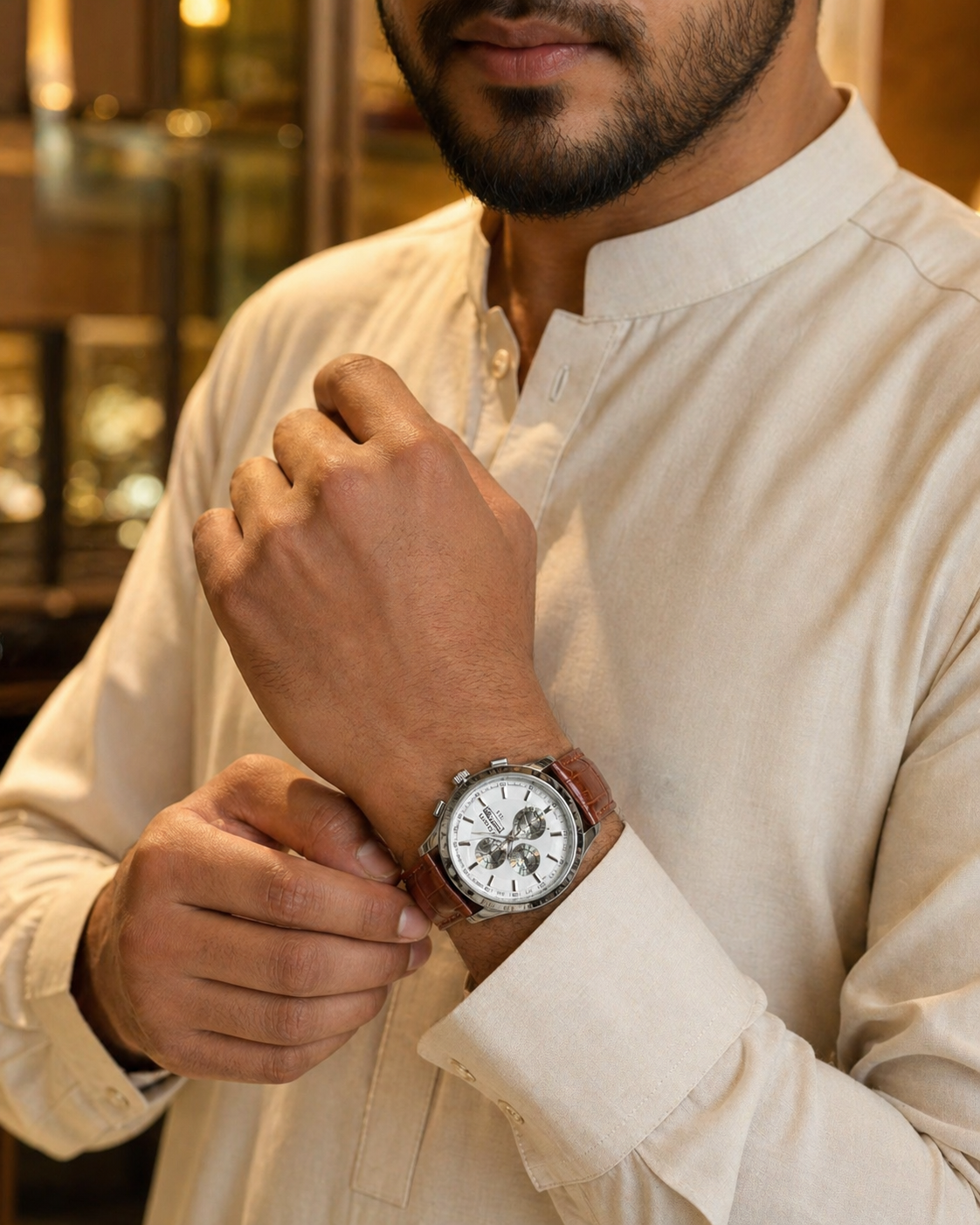 Men’s Brown Leather Strap Analog Watch – White Dial Chronograph Style Quartz Wrist Watch, Casual & Formal Fashion Watch for Men - Image 3