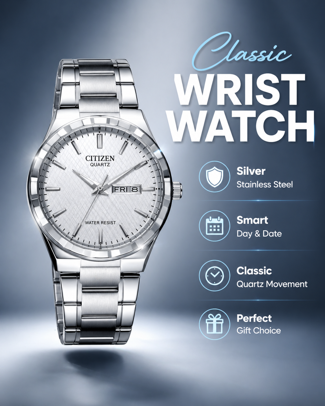 Men’s Silver Metal Analog Watch – White Dial Quartz Wrist Watch with Date Display, Classic Casual & Formal Watch for Men - Image 2