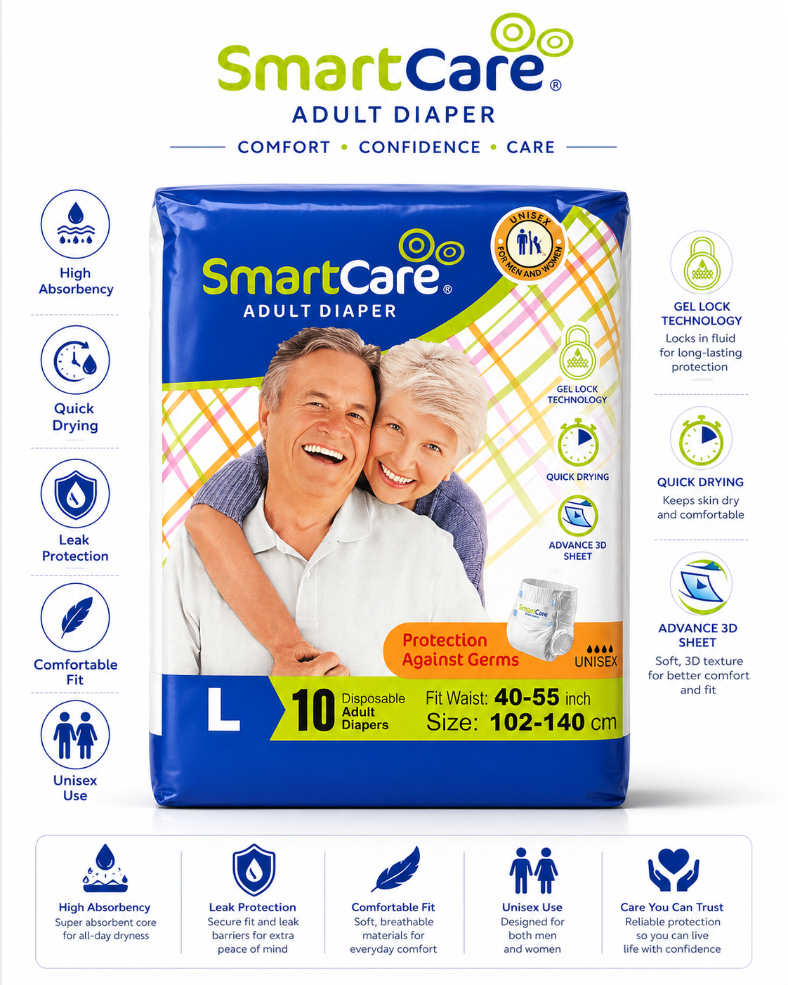 SmartCare Adult Diapers Large L 10pcs - Unisex Gel Lock Technology | Waist 40-55 inch (102-140cm) | Quick Dry & Germ Protection - Image 4