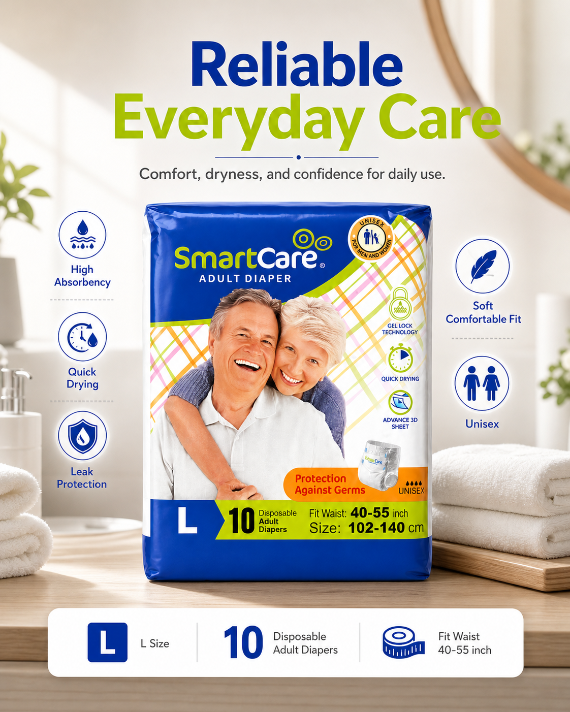 SmartCare Adult Diapers Large L 10pcs - Unisex Gel Lock Technology | Waist 40-55 inch (102-140cm) | Quick Dry & Germ Protection