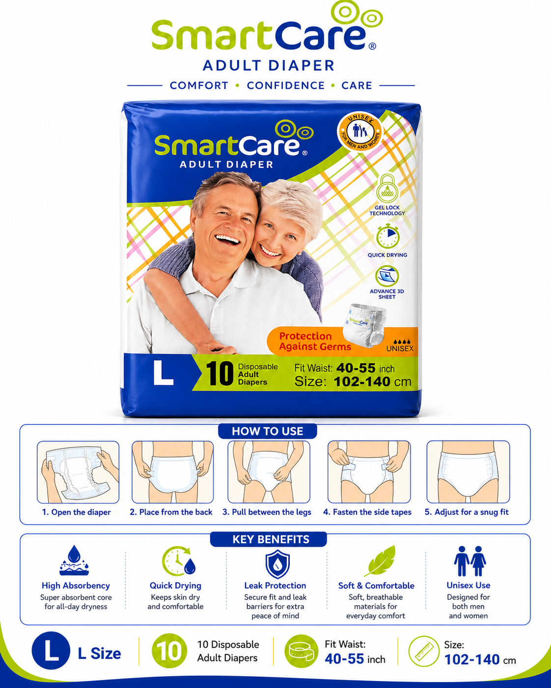 SmartCare Adult Diapers Large L 10pcs - Unisex Gel Lock Technology | Waist 40-55 inch (102-140cm) | Quick Dry & Germ Protection - Image 3