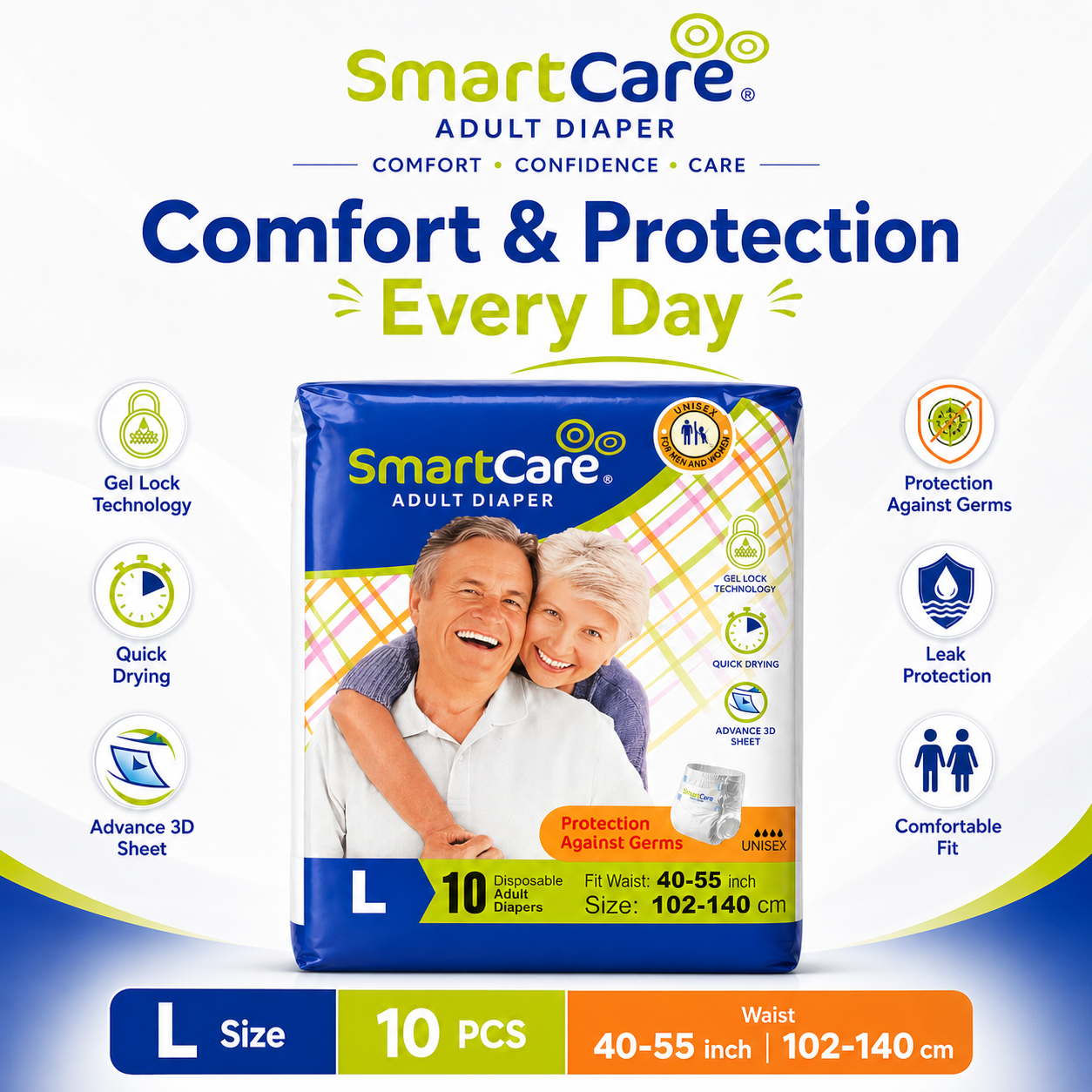SmartCare Adult Diapers Large L 10pcs - Unisex Gel Lock Technology | Waist 40-55 inch (102-140cm) | Quick Dry & Germ Protection - Image 2