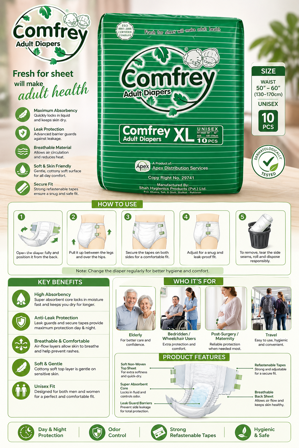 Comfrey Adult Diapers XL 10pcs - Unisex Premium Adult Diaper with Soft Top Sheet | Waist 50"-60" (130-170cm) | Incontinence Care - Image 6