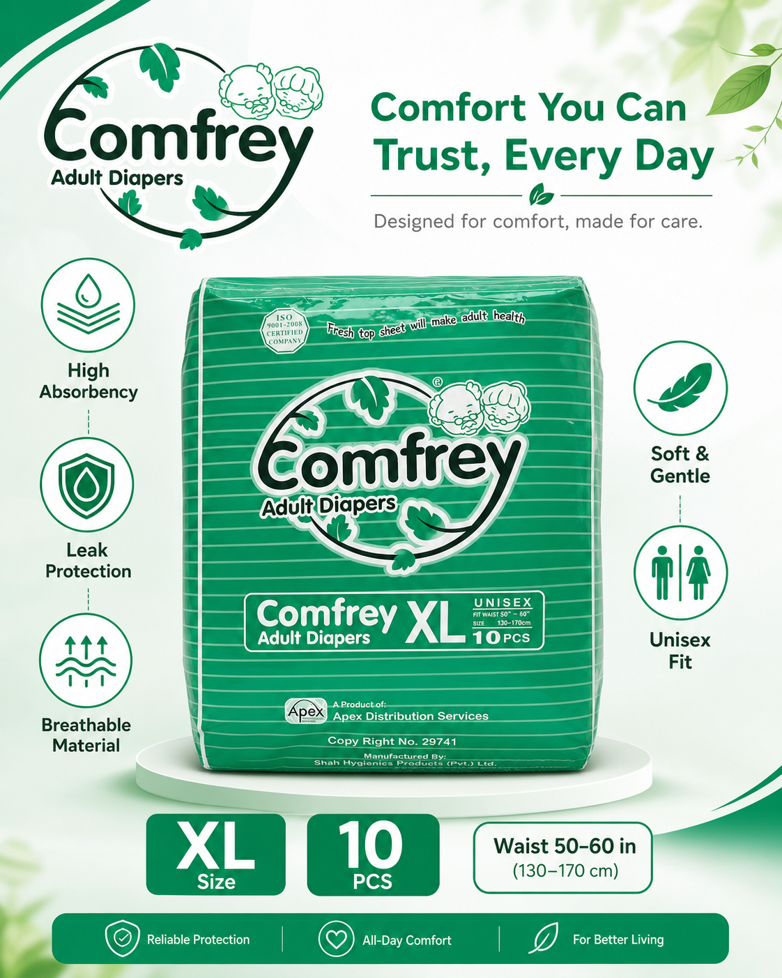 Comfrey Adult Diapers XL 10pcs - Unisex Premium Adult Diaper with Soft Top Sheet | Waist 50"-60" (130-170cm) | Incontinence Care - Image 8