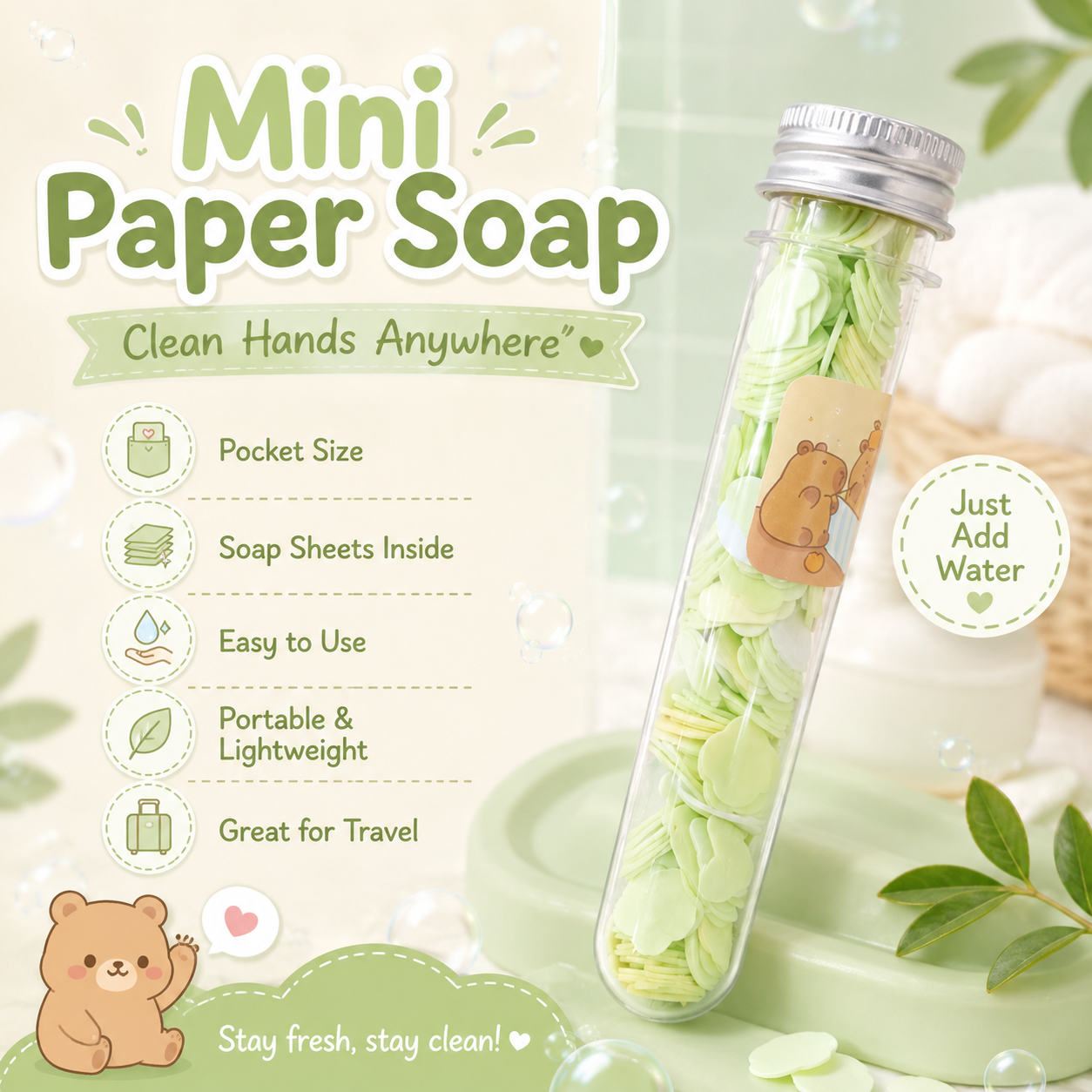 Portable Paper Soap Sheets Tube | Travel Hand Wash Soap Flakes | Mini Disposable Soap for Kids, School, Office, Travel & Outdoor Use - Image 2