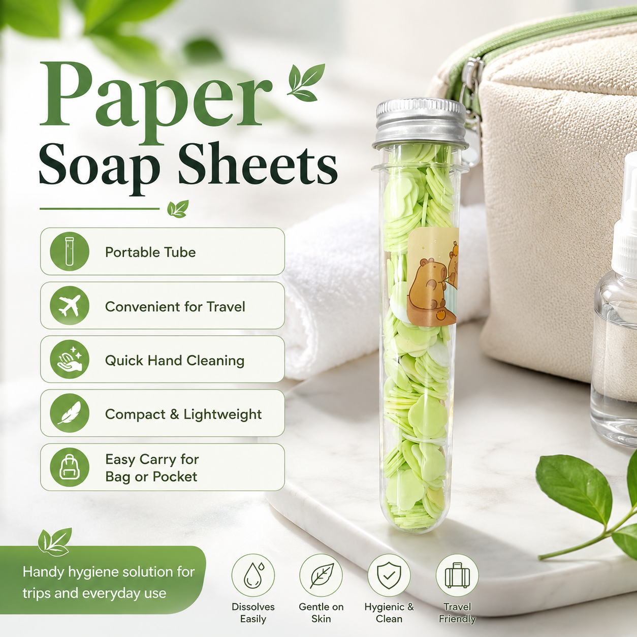 Portable Paper Soap Sheets Tube | Travel Hand Wash Soap Flakes | Mini Disposable Soap for Kids, School, Office, Travel & Outdoor Use