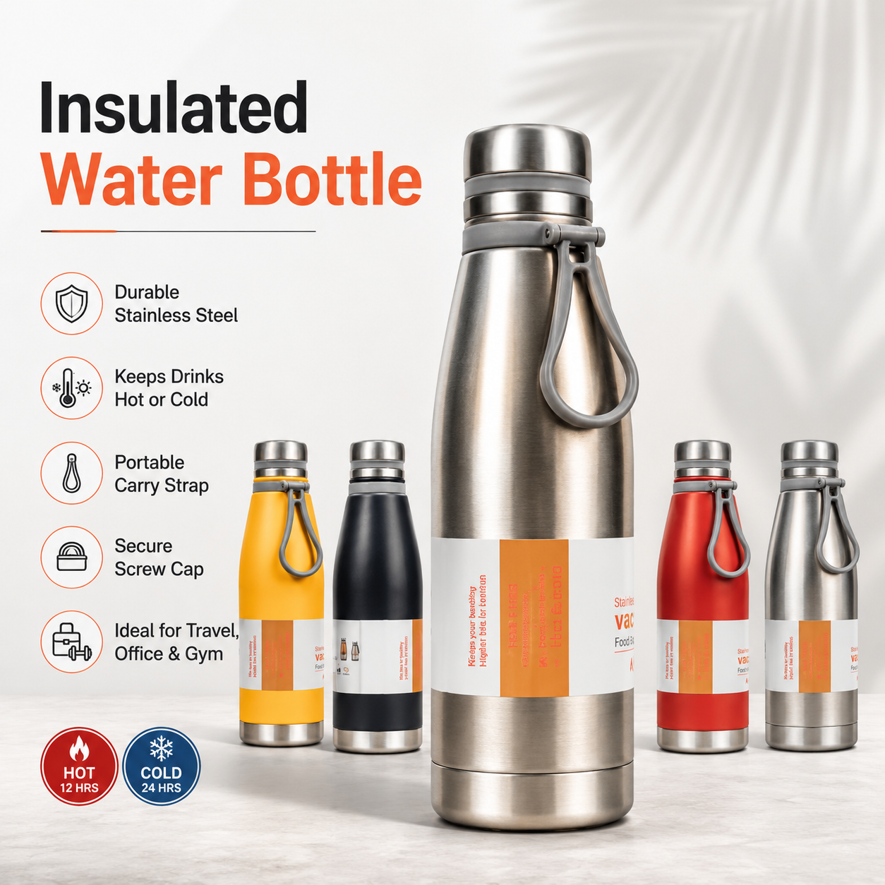 Stainless Steel Vacuum Water Bottle with Carry Strap | Hot & Cold Insulated Flask Bottle for School, Office, Gym, Travel & Outdoor Use | Assorted Colors - Image 3