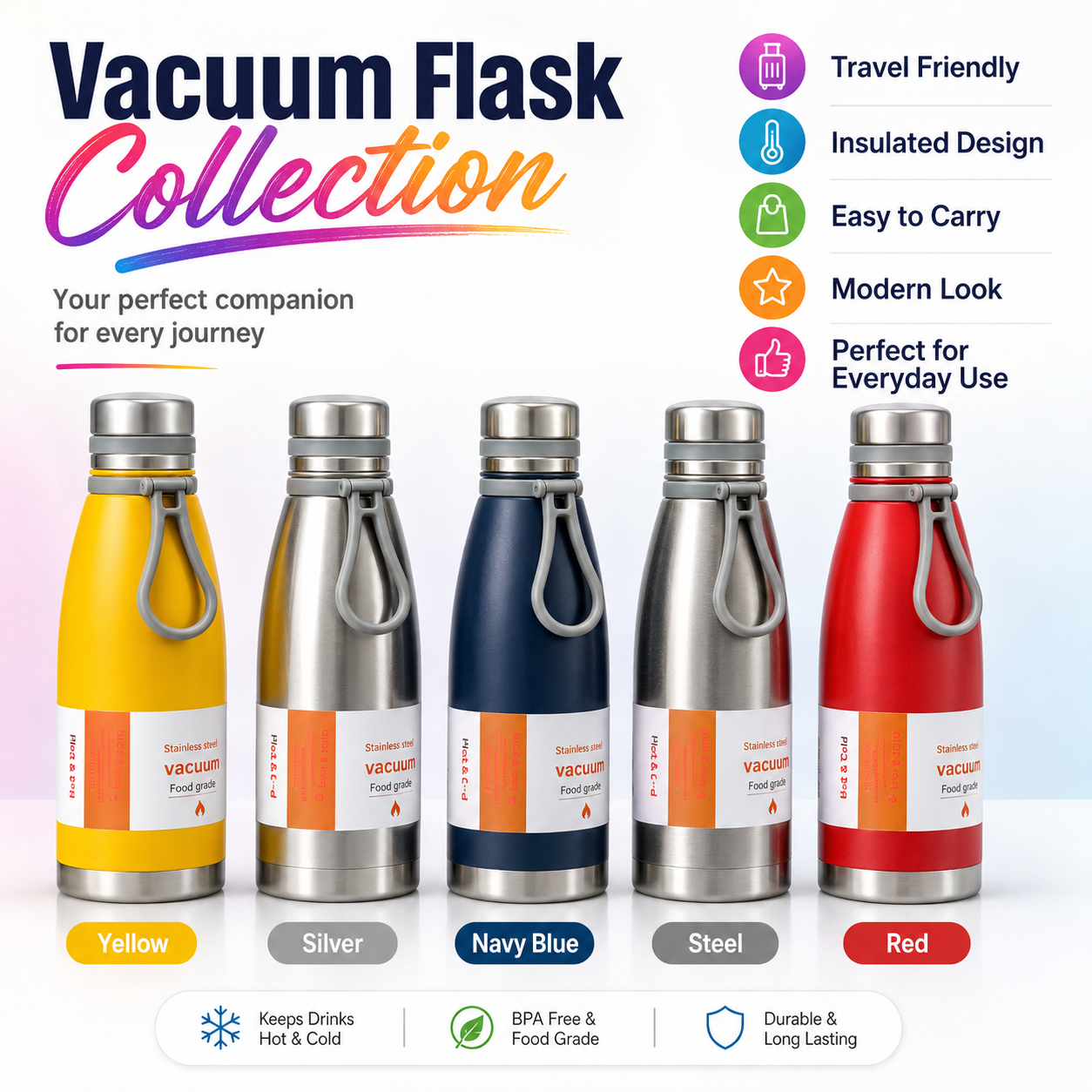 Stainless Steel Vacuum Water Bottle with Carry Strap | Hot & Cold Insulated Flask Bottle for School, Office, Gym, Travel & Outdoor Use | Assorted Colors - Image 4